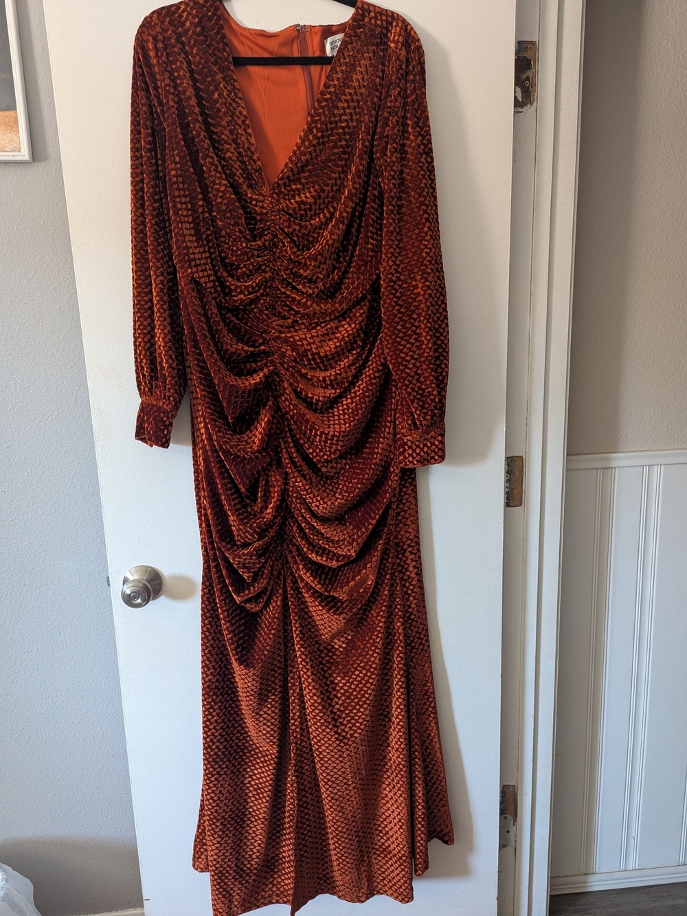 NWT Unique Vintage Rust Velvet Ruched Long Sleeve Maxi Dress